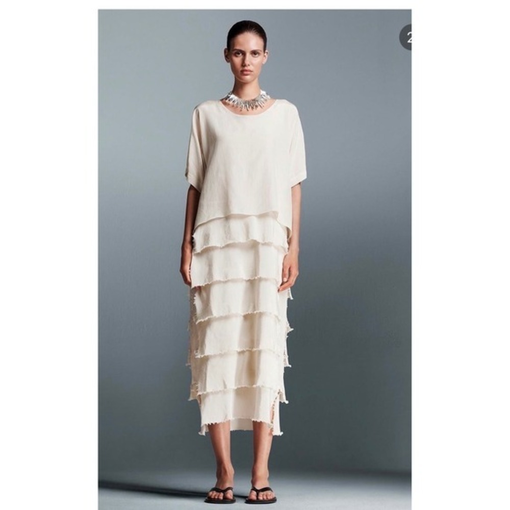 Zara Tiered Ruffle Midi Dress Small champagne Shimmer Layered Overlay lagenlook